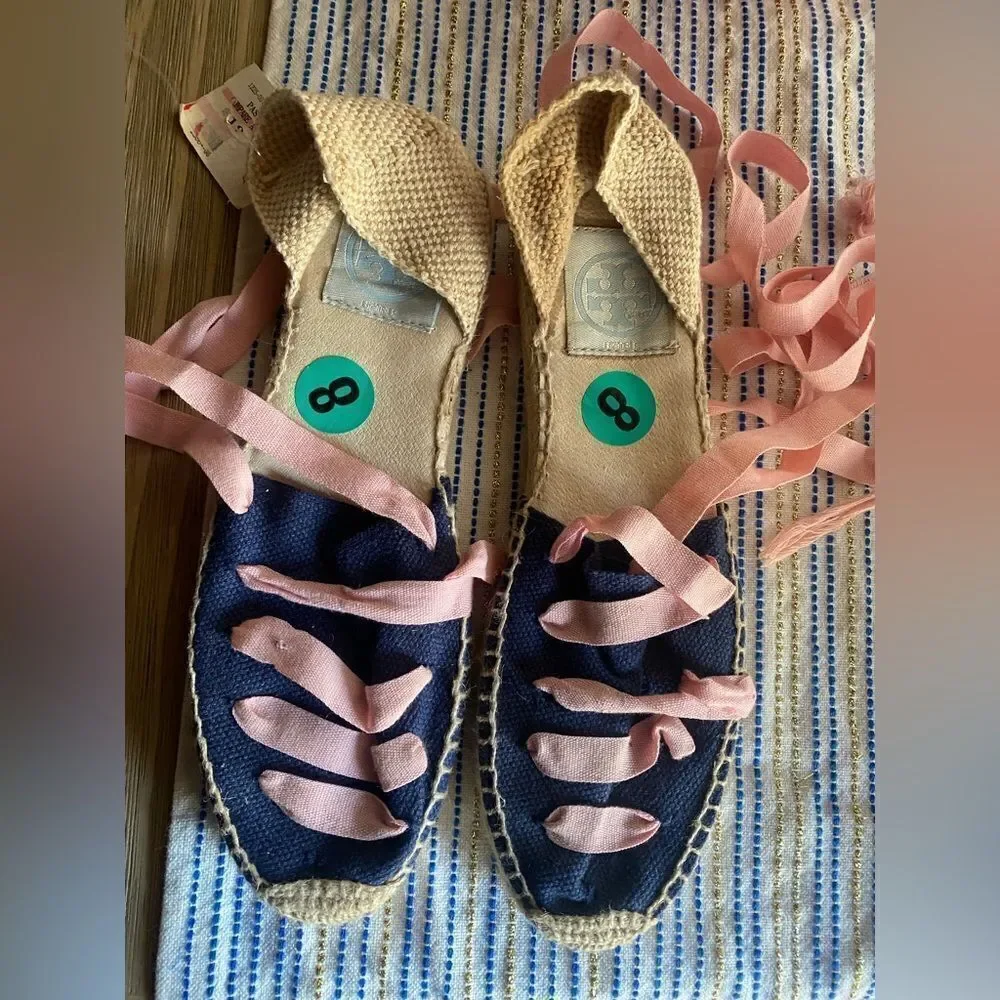 Tory Burch Womens Espadrilles size 8 Navy /pink Ankle Wrap Woven Natural NEW
